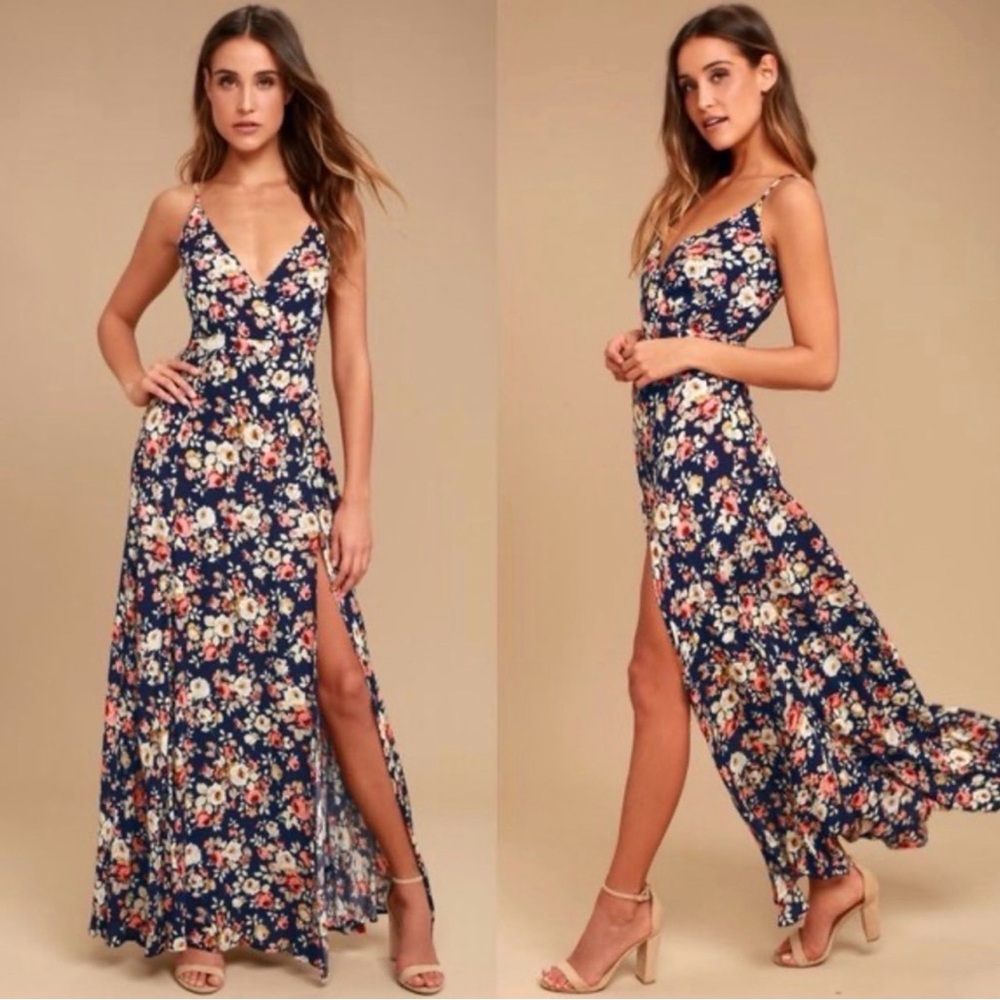 Lulus Bliss Navy Blue Floral Print Maxi Dress perfect for a spring day. .